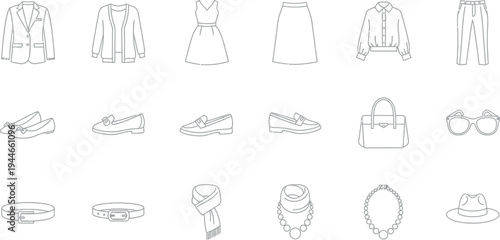 A collection of outline icons representing various women's clothing accessories and essential wardrobe items for daily wear
