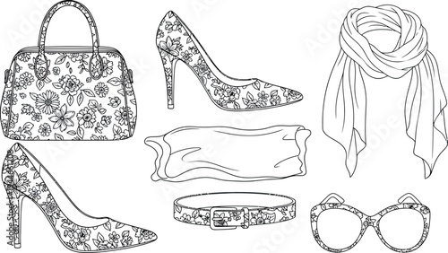 Collection of black and white line art drawings featuring stylish women's accessories adorned with intricate floral patterns for coloring