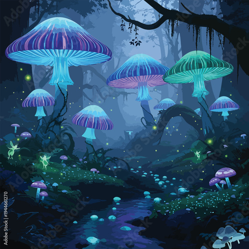 Glowing mushrooms illuminate a mystical forest stream at night surrounded by trees
