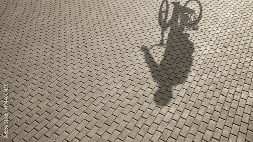 Concept or conceptual background of floor texture surface with a human shadow as silhouette. A 3d illustration metaphor for biking recreation workout, healthy lifestyle for fun leisure cycling design