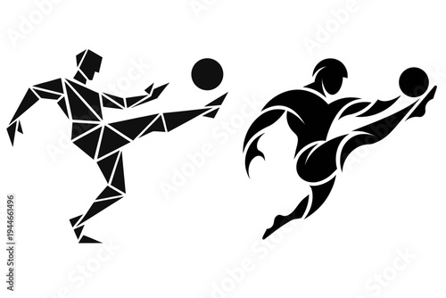Soccer Player Kicking Ball Silhouette and Geometric Low Poly Vector Set. Abstract Soccer Athlete Dynamic Action Silhouette for Sports Logo Design