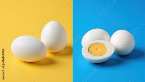 White boiled easter eggs move from yellow background to blue and become cut

