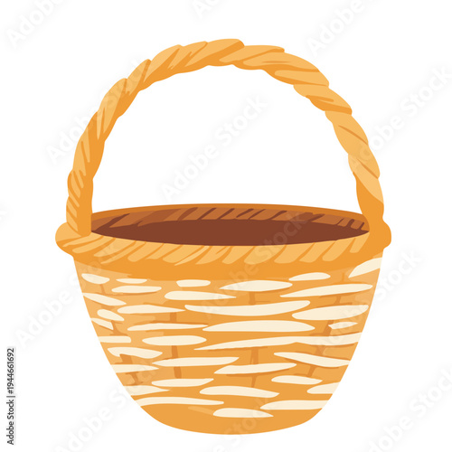 Empty wicker basket vector illustration. Hand-drawn rustic woven picnic or harvest container isolated on white. Traditional wooden basket flat design.