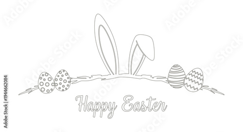 Bunny ears peek over a decorative border with patterns.