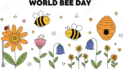 World Bee Day illustration, pollination awareness artwork, biodiversity vector design, cheerful graphic icon, colorful environmental celebration symbol