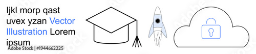 Education, innovation, data security, cloud storage, e-learning, and STEM. Graduation cap, rocket and cloud lock icons. Education and innovation visually