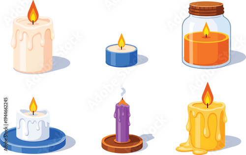 Candle illustration set, wax flame artwork, decorative vector design, bold graphic icon, black white colorful lifestyle symbol