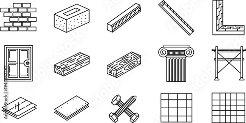 Construction material icon set, architectural element artwork, building vector design, bold graphic symbol, black white structural illustration