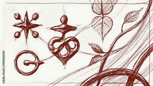Abstract organic shapes and symbolic doodles are intricately sketched in brown ink on a white background, suggesting a blend of natural elements and mystical symbols.