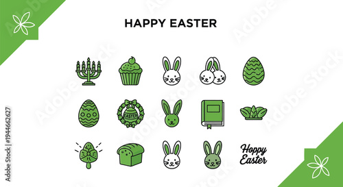 Easter holiday icons are arranged neatly in a green banner.