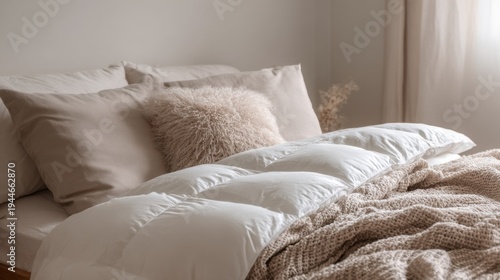 Fluffy white down comforter on bed with beige throw blanket, pillows. Soft, cosy bedding creates tranquil, dreamy atmosphere for ultimate relaxation, sleep
