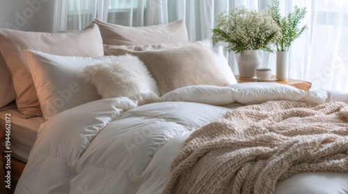 Fluffy white down comforter on bed with beige throw blanket, pillows. Soft, cosy bedding creates tranquil, dreamy atmosphere for ultimate relaxation, sleep
