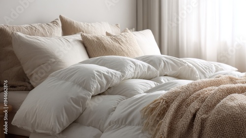 Fluffy white down comforter on bed with beige throw blanket, pillows. Soft, cosy bedding creates tranquil, dreamy atmosphere for ultimate relaxation, sleep
