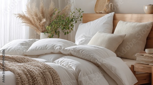 Fluffy white down comforter on bed with beige throw blanket, pillows. Soft, cosy bedding creates tranquil, dreamy atmosphere for ultimate relaxation, sleep
