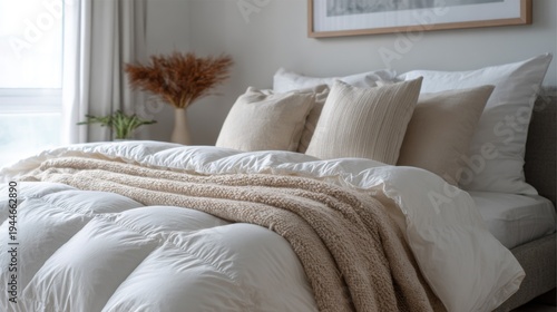 Fluffy white down comforter on bed with beige throw blanket, pillows. Soft, cosy bedding creates tranquil, dreamy atmosphere for ultimate relaxation, sleep
