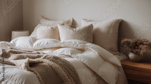Fluffy white down comforter on bed with beige throw blanket, pillows. Soft, cosy bedding creates tranquil, dreamy atmosphere for ultimate relaxation, sleep
