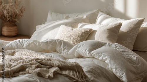 Fluffy white down comforter on bed with beige throw blanket, pillows. Soft, cosy bedding creates tranquil, dreamy atmosphere for ultimate relaxation, sleep
