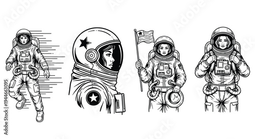 Four female astronauts are shown in detailed retro science.