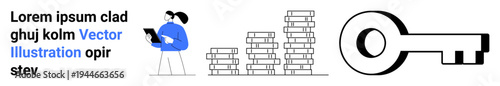 Business strategy, financial growth, decision making, corporate planning, team management, opportunity unlocking. Professional person with a clipboard, stacked bar charts a large key. Business