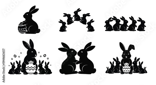 Six distinct black silhouette designs feature rabbits.