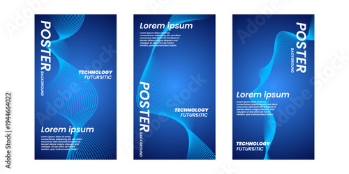 Gradient blue color poster template background with flowing dynamic lines waves, futuristic technology concept. Vector illustration