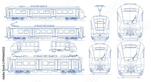 Train AutoCAD Blueprint Vector – Industrial Railway Vehicle Technical Multiview Blue Outline Drawing