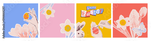 Easter greeting card set with painted eggs, bunny and spring flowers. Retro halftone collage holiday poster with vintage cut-out paper elements collection mixed media style. Vector illustration 