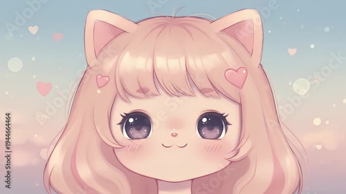 Cute, big-eyed anime girl with pink hair, cat ears, and hearts floating in the background