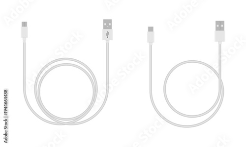 white cable with usb connector for charging, vector illustration isolated on white background.