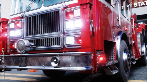 Fire truck quickly leaves for the call, garage door at fire department opens. 3d rendering.