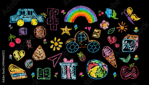 Bright Kids Drawing with children's Toys Cars Cubes Rainbow Squiggles on black Background. Trendy Colorful Charcoal Pencil Icons for kids. Vector Objects Ball Sun Flower Icecream Strokes Scribbles