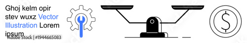 Business strategy, financial balance, economy management, equality, wealth analysis, corporate systems. Gear and wrench, scale dollar sign. Financial balance and business strategy visuals