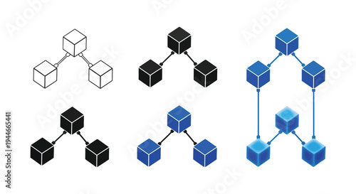Abstract vector graphic illustration displaying various styles of interconnected cube network diagrams for technology