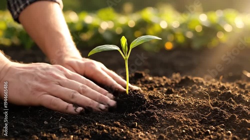 Hands gently planting a young green seedling.