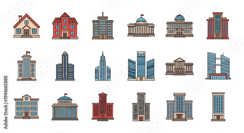 Diverse vector graphic illustration showcasing an assortment of modern city buildings and traditional residential houses