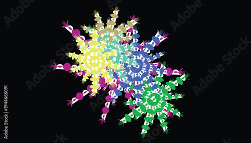 Abstract colorful swirling fractal snowflake patterns on black background