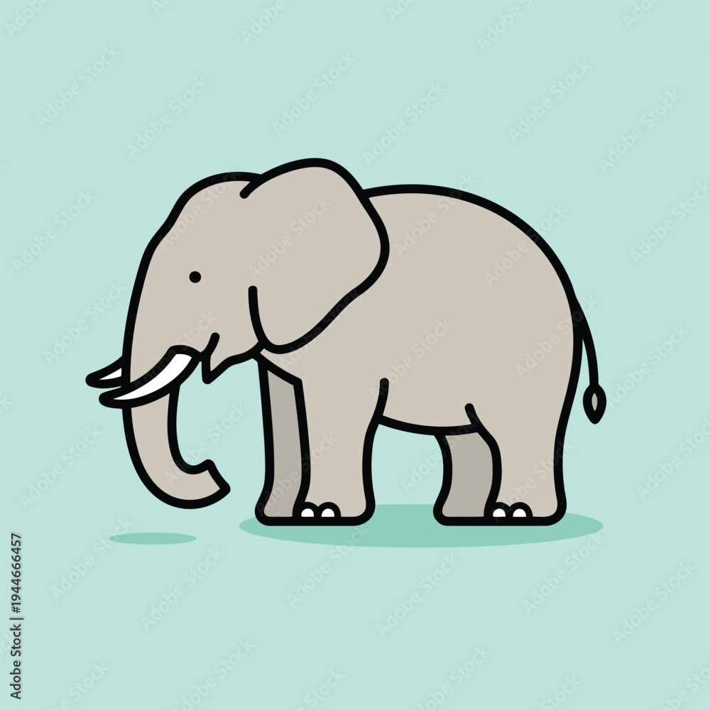 Fototapeta premium Vector illustration of a cartoon illustration of a gray elephant standing on a green background with a black outline and a small shadow underneath its feet, looking cute and playful