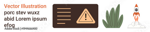 Business growth, cautionary messages, innovation, safety notifications, environmental , creativity. Contains an exclamation warning sign, a plant and a rocket illustration. Business growth