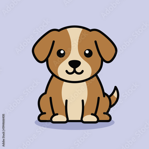 Vector illustration of cute brown and white cartoon puppy sitting on a light blue background looking friendly and approachable with big eyes and floppy ears