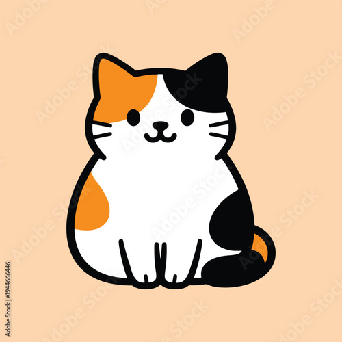 Vector illustration of cute cartoon calico cat sitting and looking ahead on colored background
