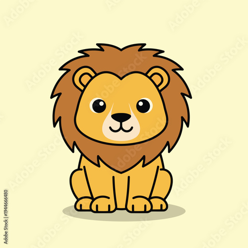 Vector illustration of a cute cartoon lion with a brown mane sitting on a pale yellow background looking friendly and approachable with big eyes and a happy expression