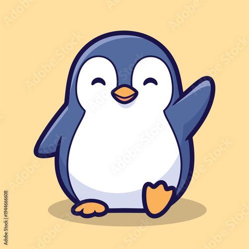 Vector illustration of a cute cartoon penguin with a winking face and a yellow background