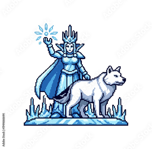 Fantasy ice queen and wolf illustration against black background