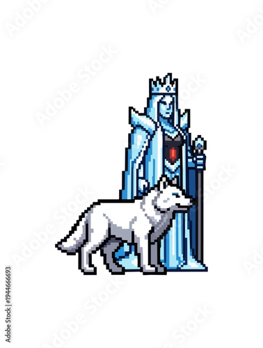 Fantasy queen with wolf companion artwork isolated on black background