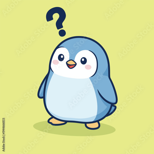 Vector illustration of a cute cartoon penguin with a question mark above its head on a green background