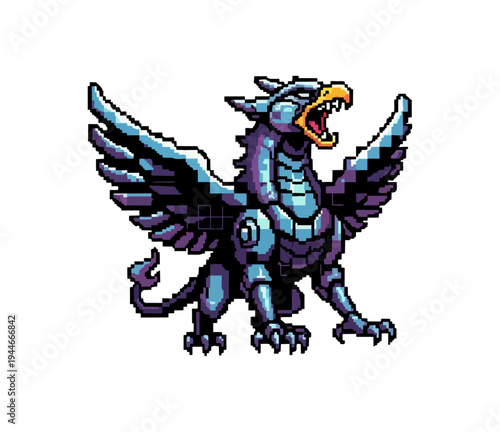 Pixel art illustration of a mechanical gryphon against black background