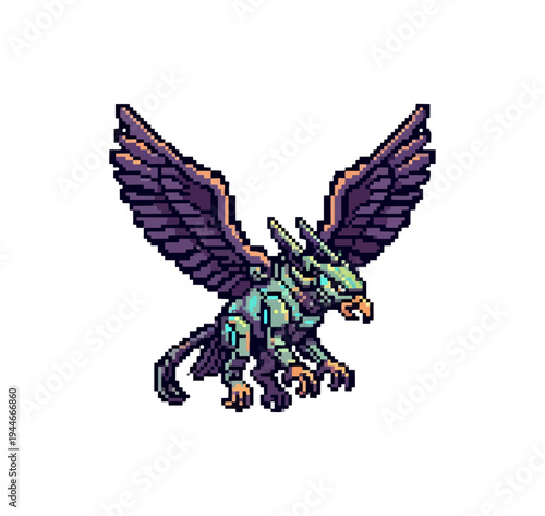Pixel art illustration of a winged mythical creature with spread wings