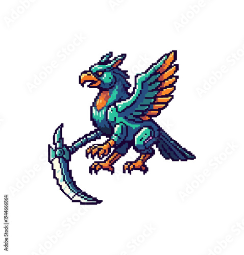 Pixel art illustration of a winged creature with a scythe against black