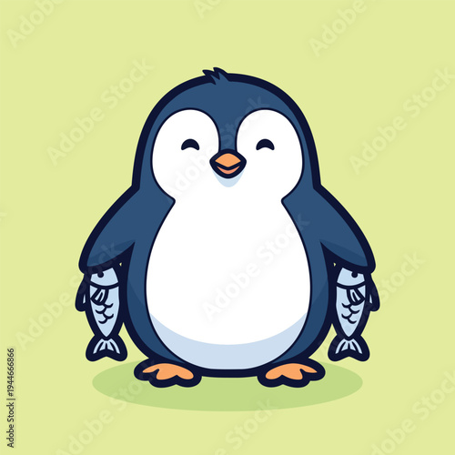 Vector illustration of a cute cartoon penguin standing on a green background with a happy expression on its face and flippers by its sides looking friendly