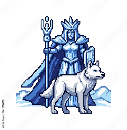 Pixel art illustration of a woman with a staff and a wolf